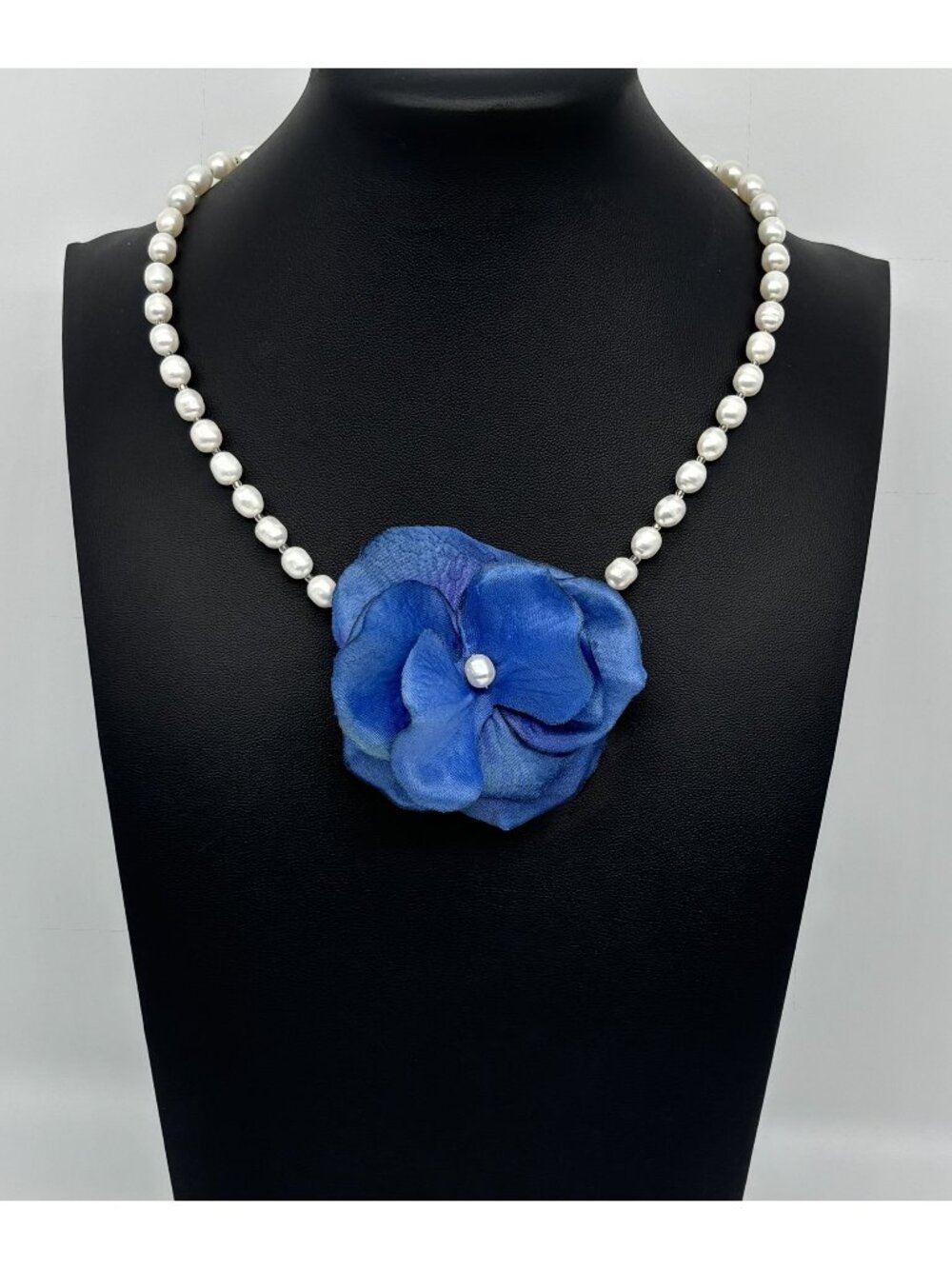 Artisan Necklace of Cream Freshwater Pearls and Fabric Rose W/Swarovski Crystals